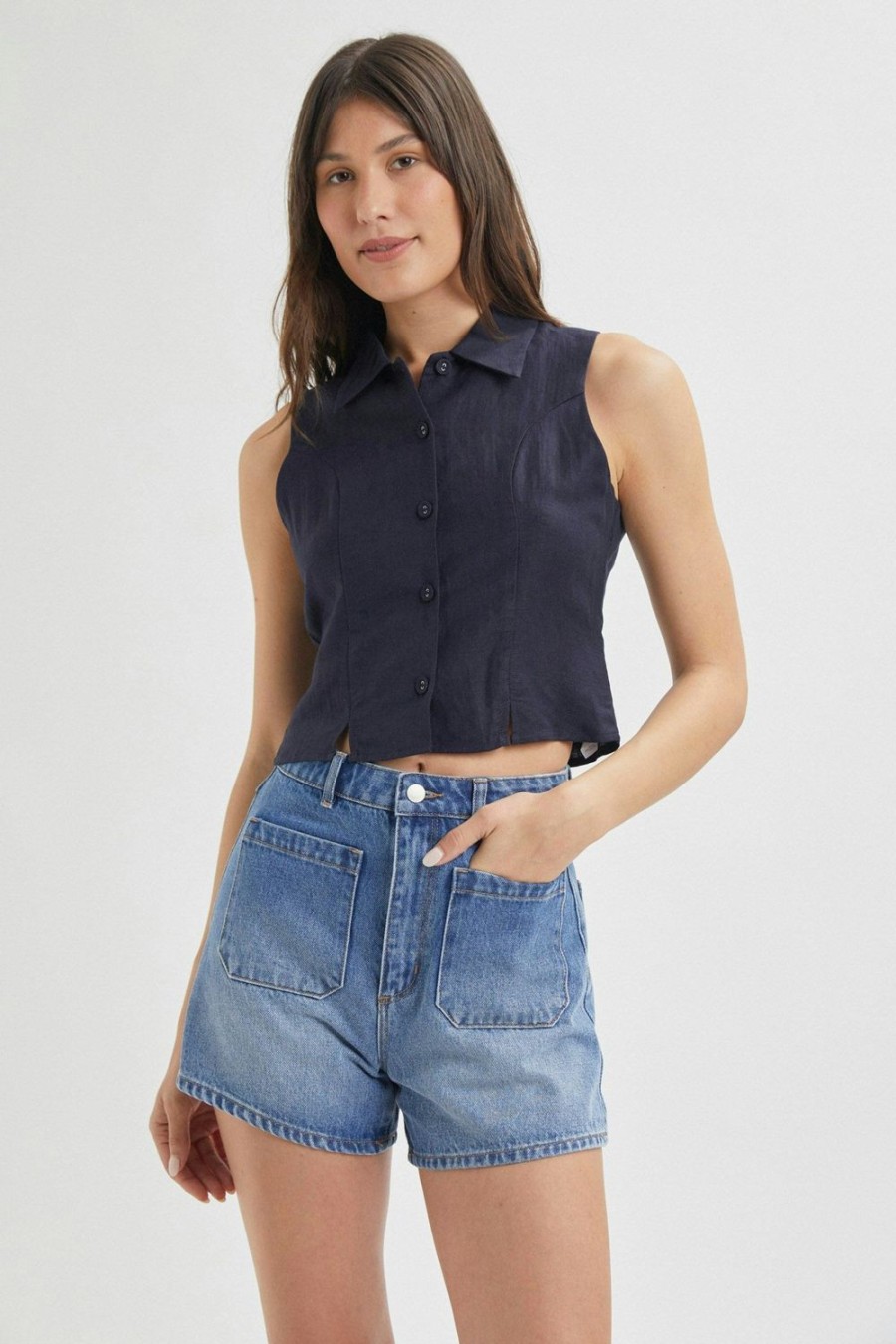 Women Rolla's Jeans Tops | Nina Linen Top - Navy