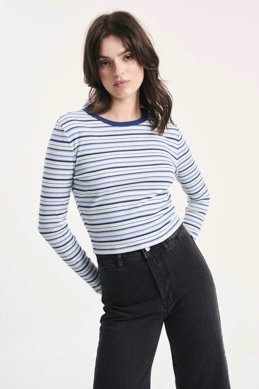 Women Rolla's Jeans Tees | Sky Stripe Longsleeve Baby Rib Tee - Marine