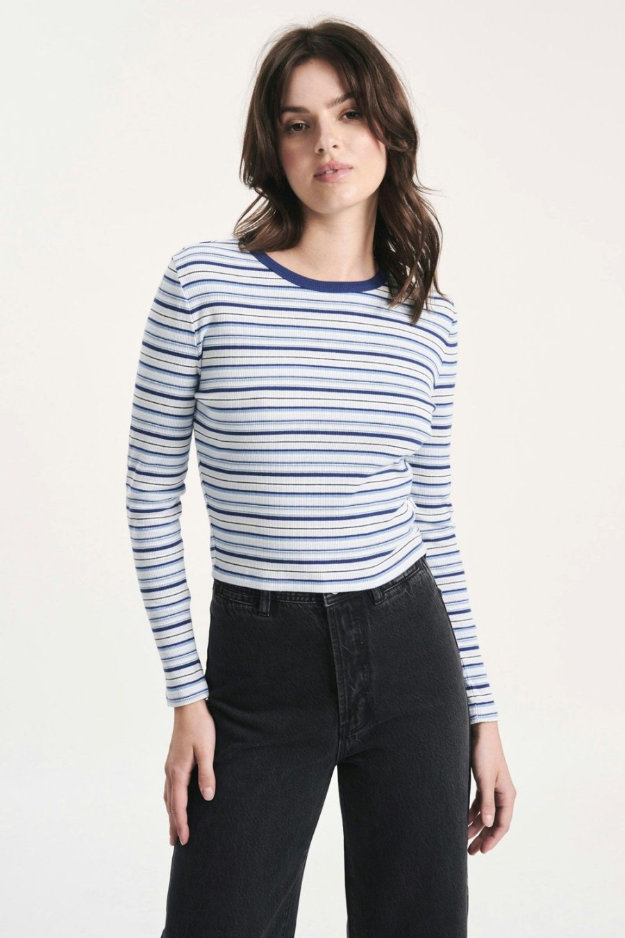 Women Rolla's Jeans Tees | Sky Stripe Longsleeve Baby Rib Tee - Marine